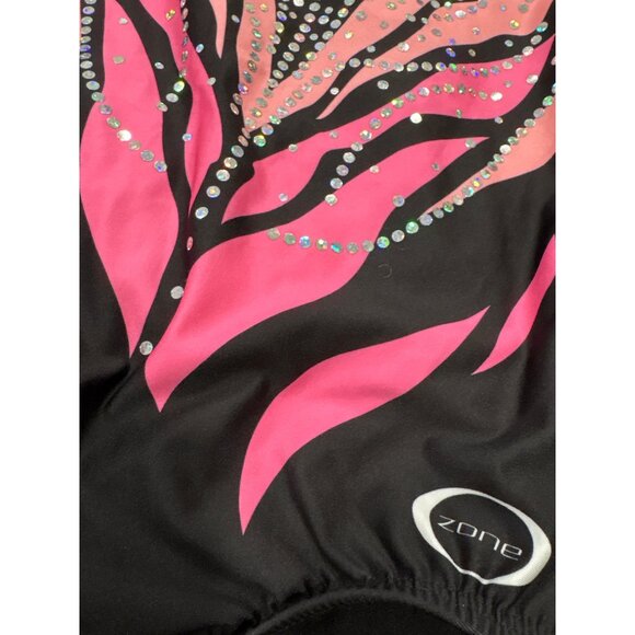 Ozone One-Piece Gymnastics Leotard Black With Pink/Orange Abstract Design & Rhin - Picture 4 of 5